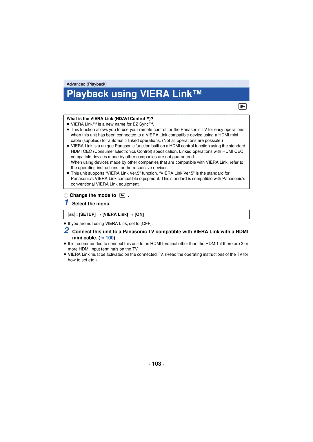 Panasonic HC-V720 Playback using Viera Link, 103, ¬ Change the mode to Select the menu, Menu Setup # Viera Link # on 