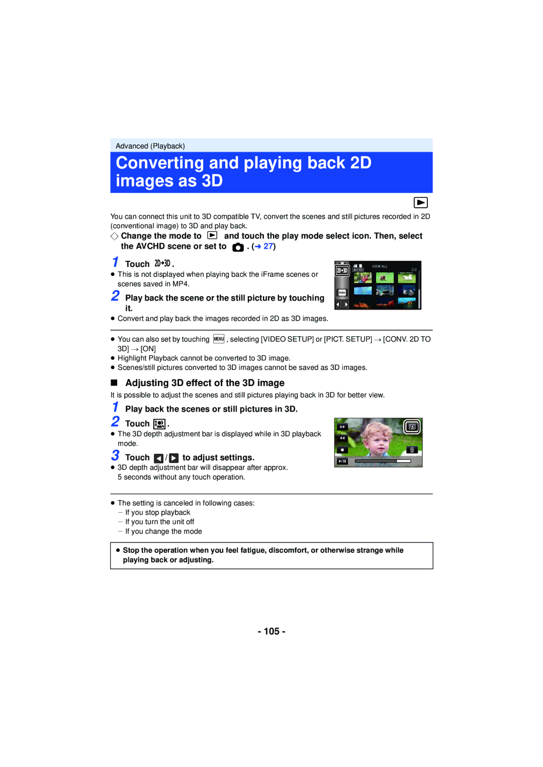 Panasonic HC-V720 owner manual Converting and playing back 2D images as 3D, Adjusting 3D effect of the 3D image, 105 