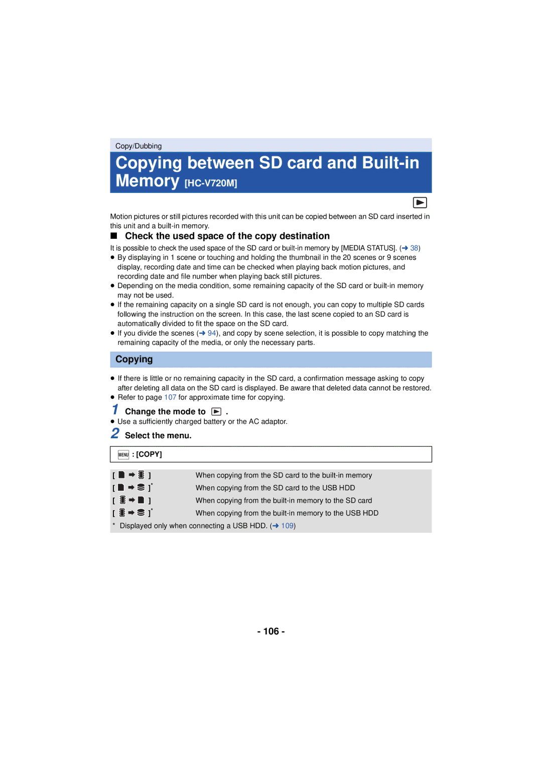 Panasonic HC-V720 owner manual Copying between SD card and Built-in, Check the used space of the copy destination, 106 