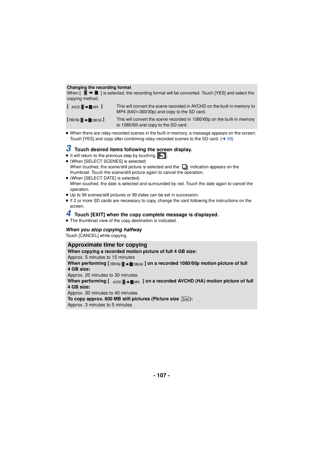 Panasonic HC-V720 owner manual Approximate time for copying, 107, Touch desired items following the screen display 