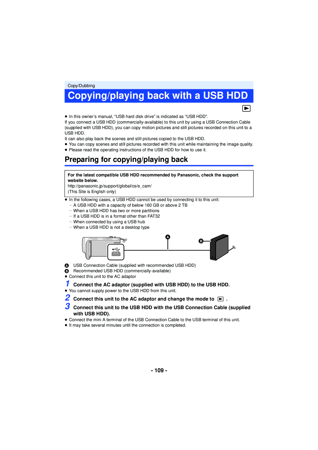 Panasonic HC-V720 owner manual Copying/playing back with a USB HDD, Preparing for copying/playing back, 109 