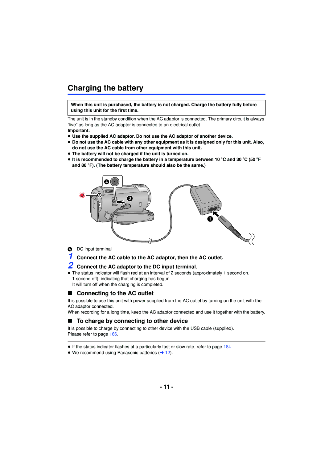 Panasonic HC-V720 owner manual Charging the battery, Connecting to the AC outlet, To charge by connecting to other device 