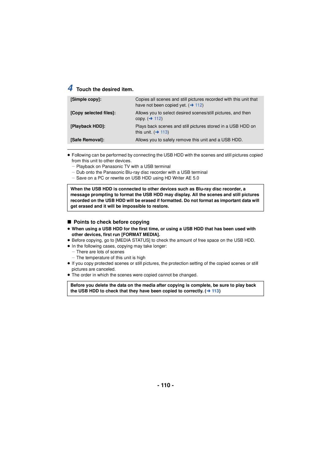 Panasonic HC-V720 owner manual 110, Touch the desired item, Points to check before copying 