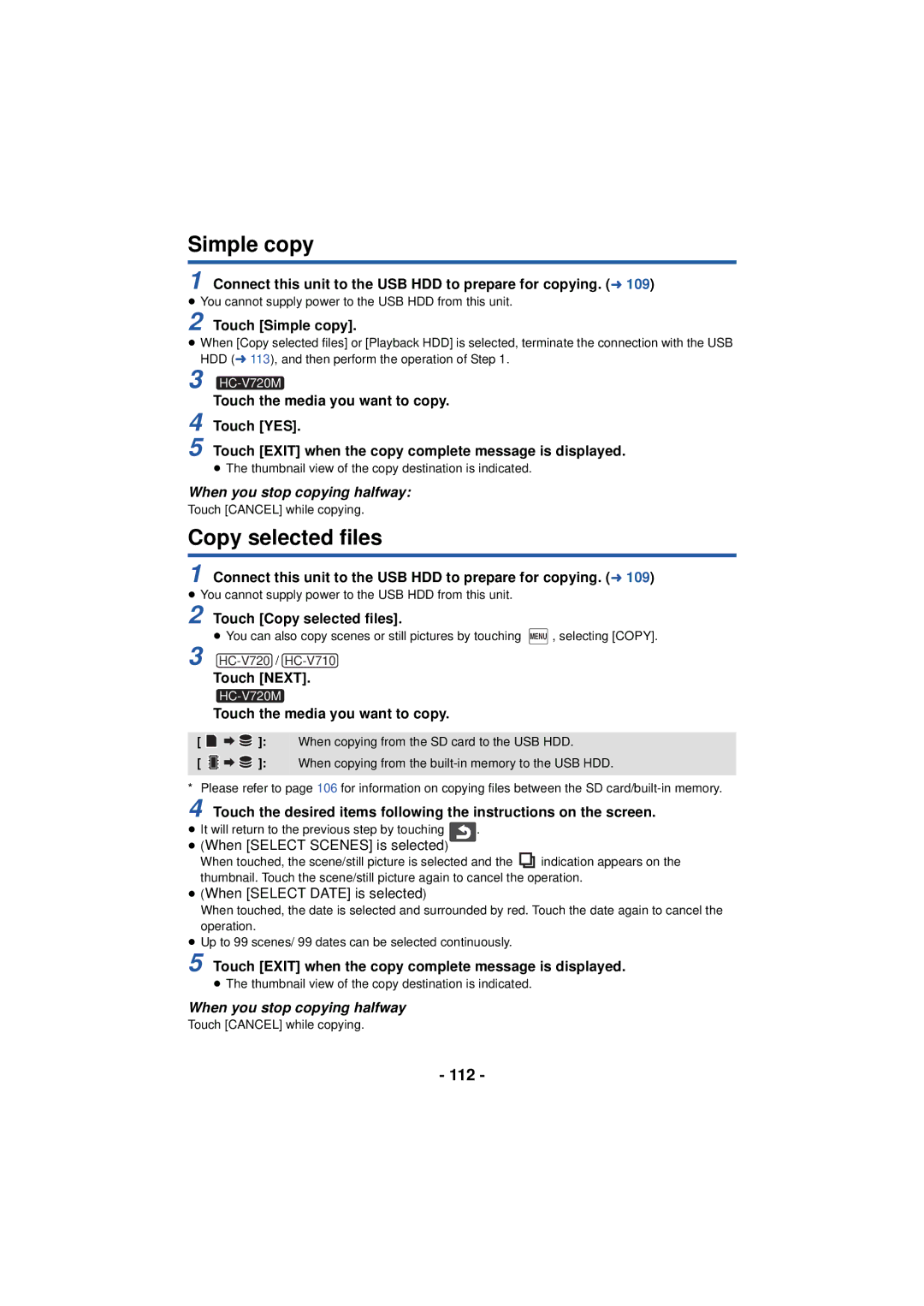 Panasonic HC-V720 owner manual Simple copy, Copy selected files, 112 