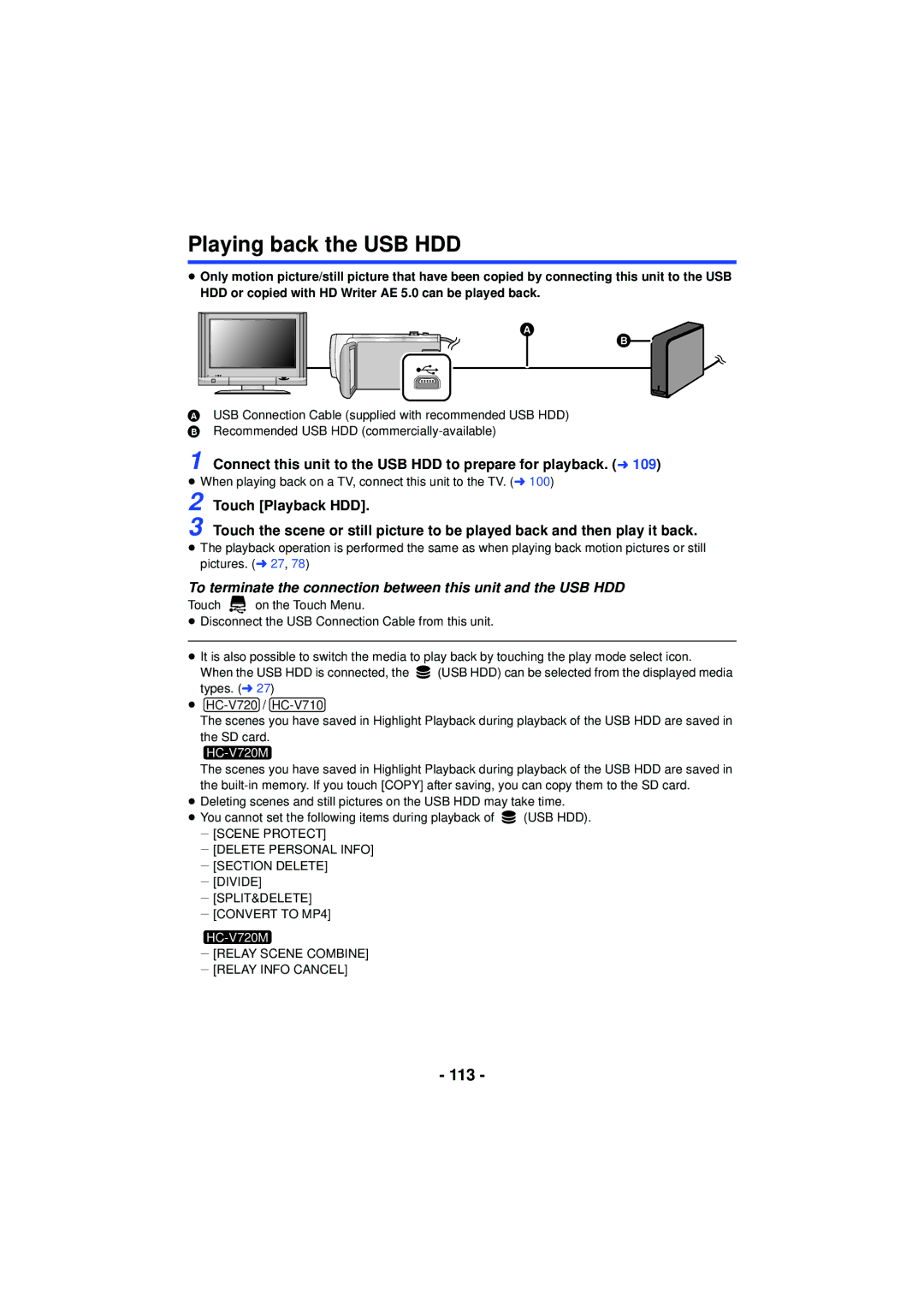 Panasonic HC-V720 owner manual Playing back the USB HDD, 113, Connect this unit to the USB HDD to prepare for playback. l 