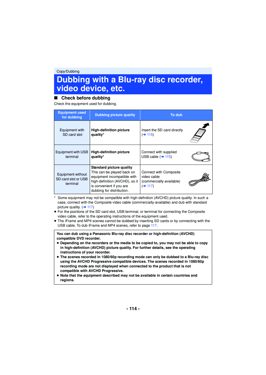 Panasonic HC-V720 owner manual Dubbing with a Blu-ray disc recorder, video device, etc, Check before dubbing, 114 