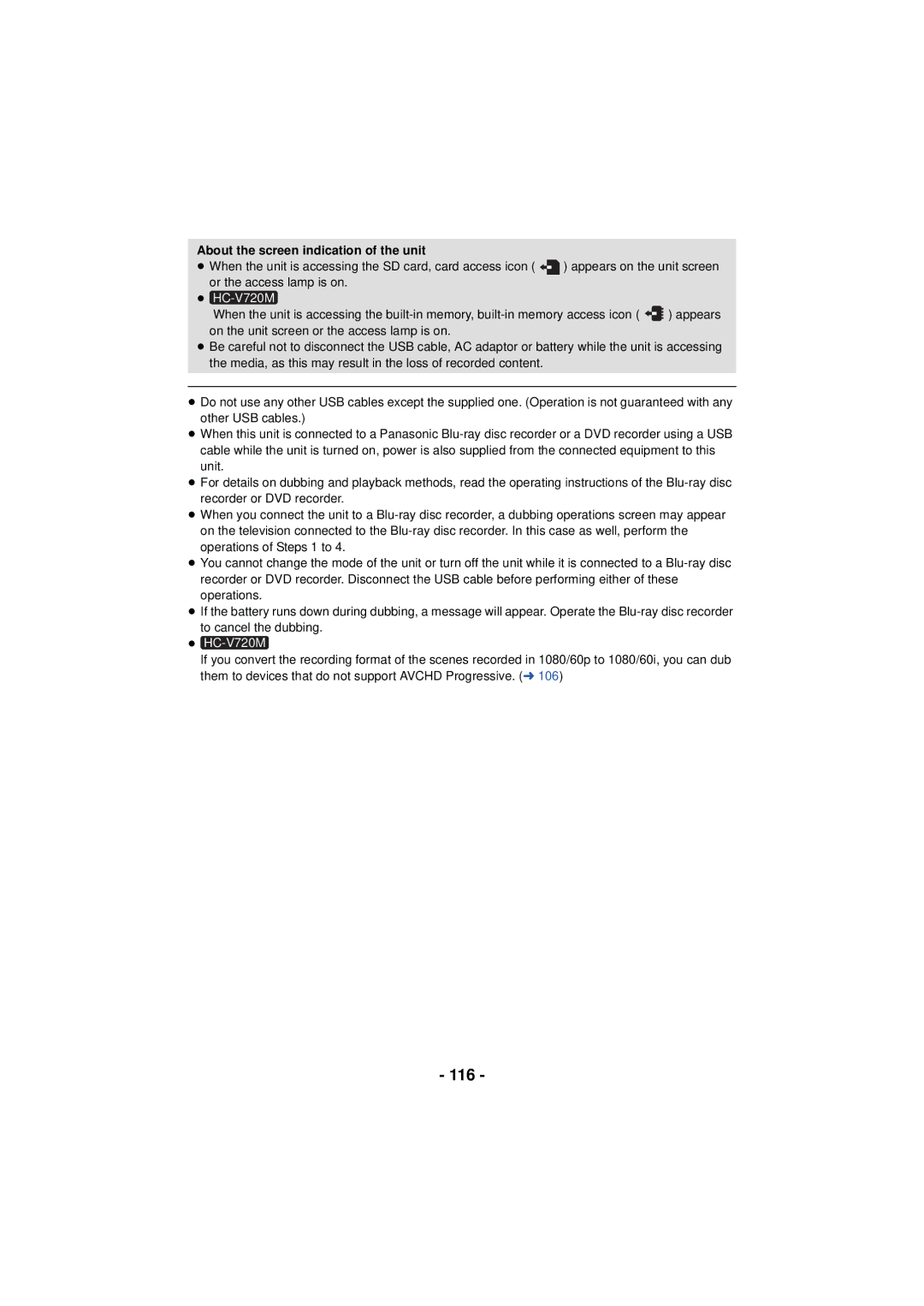 Panasonic HC-V720 owner manual 116, About the screen indication of the unit 