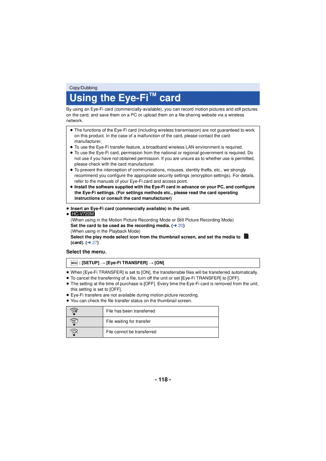 Panasonic HC-V720 owner manual Using the Eye-Ficard, 118, Menu Setup # Eye-Fi Transfer # on 