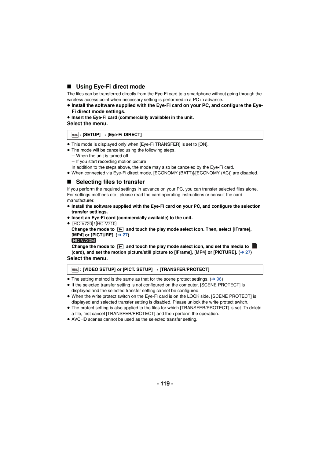 Panasonic HC-V720 owner manual Using Eye-Fi direct mode, Selecting files to transfer, 119 