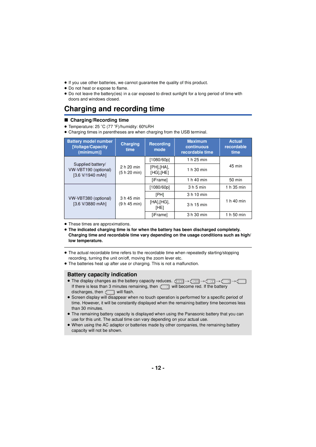 Panasonic HC-V720 owner manual Charging and recording time, Battery capacity indication, Charging/Recording time 