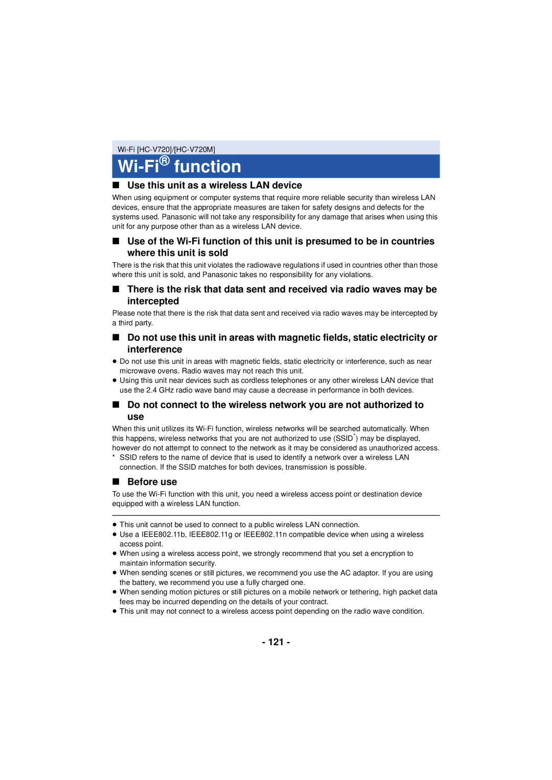 Panasonic HC-V720 owner manual Wi-Fifunction, Use this unit as a wireless LAN device, Before use, 121 