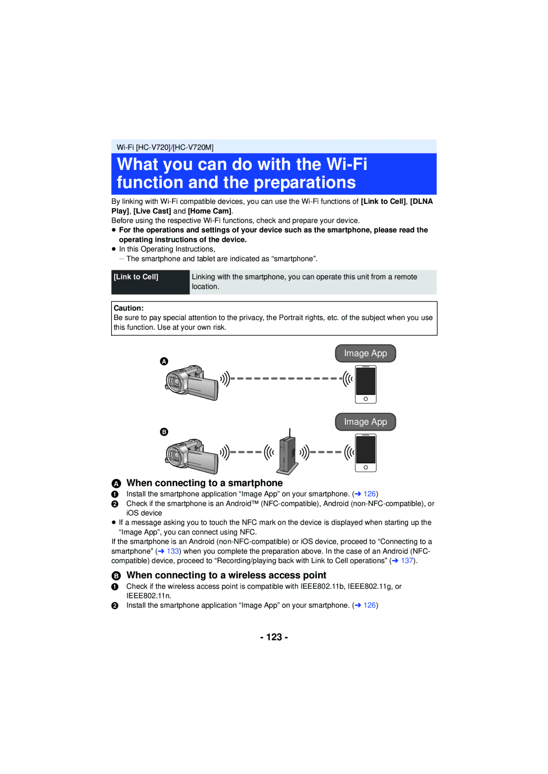 Panasonic HC-V720 When connecting to a smartphone, When connecting to a wireless access point, 123, Link to Cell 