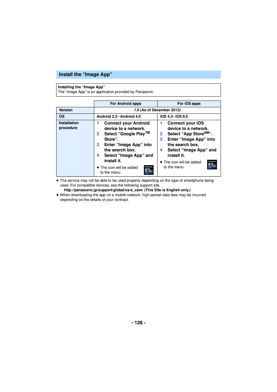 Panasonic HC-V720 owner manual Install the Image App, 126, Connect your Android Connect your iOS 