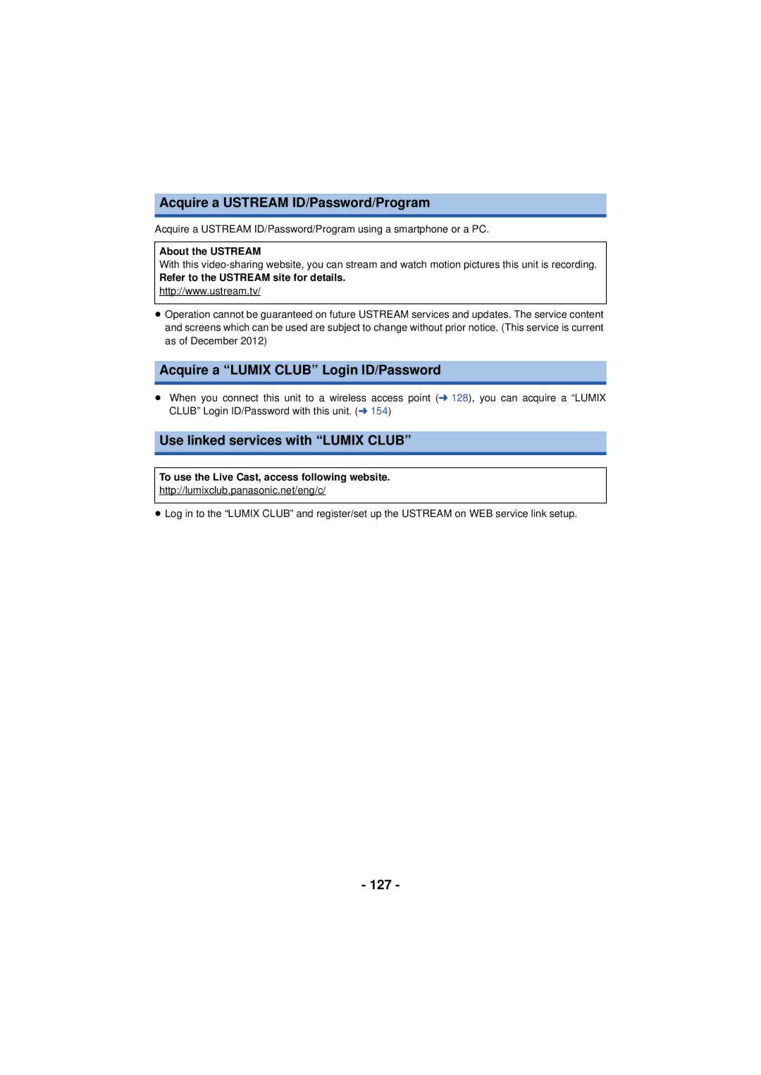 Panasonic HC-V720 owner manual Acquire a Ustream ID/Password/Program, Acquire a Lumix Club Login ID/Password, 127 