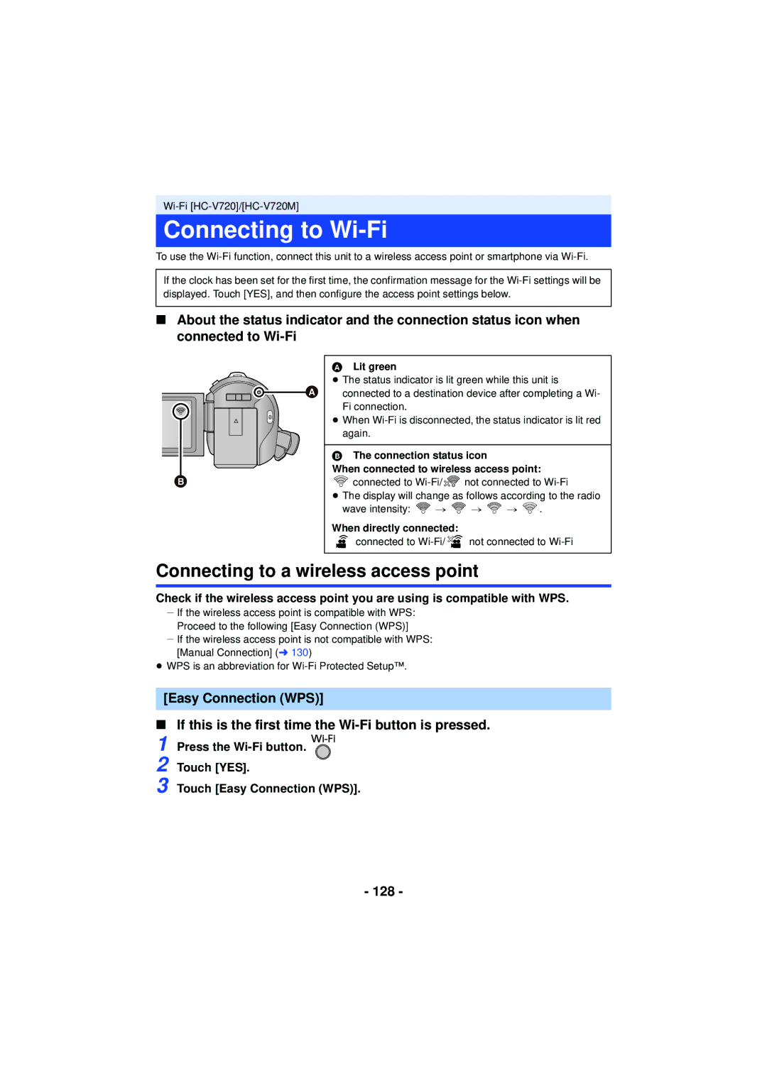 Panasonic HC-V720 owner manual Connecting to Wi-Fi, Connecting to a wireless access point, 128 