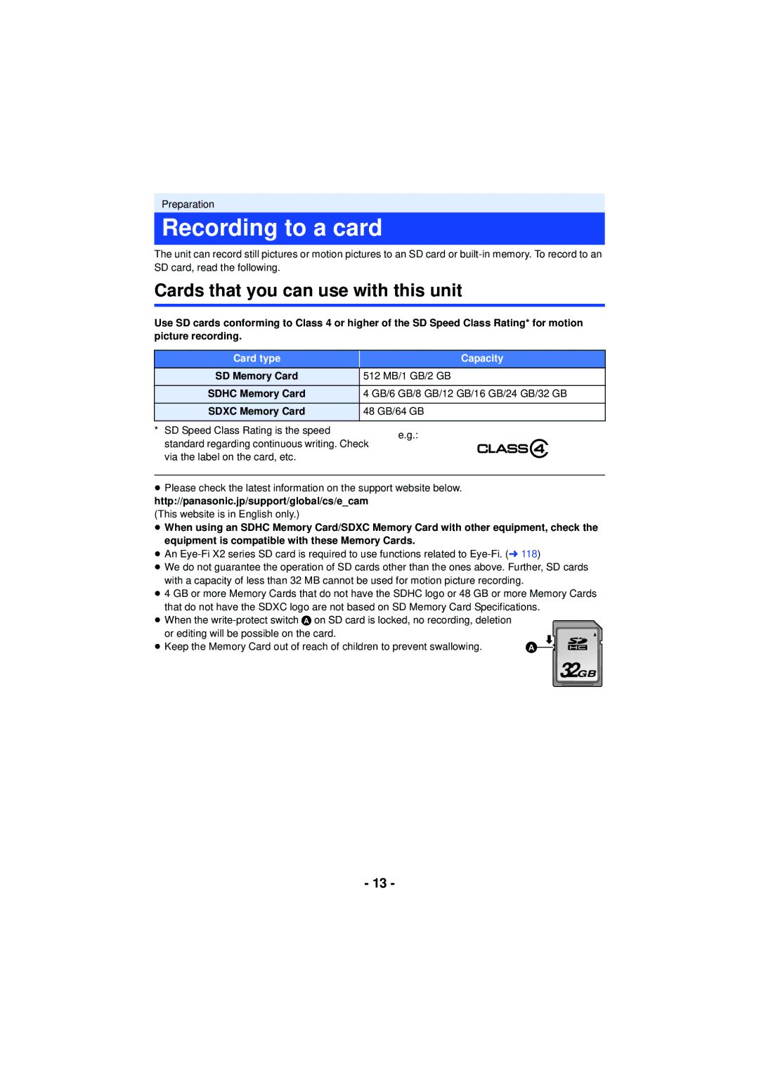 Panasonic HC-V720 owner manual Recording to a card, Cards that you can use with this unit, Card type Capacity 