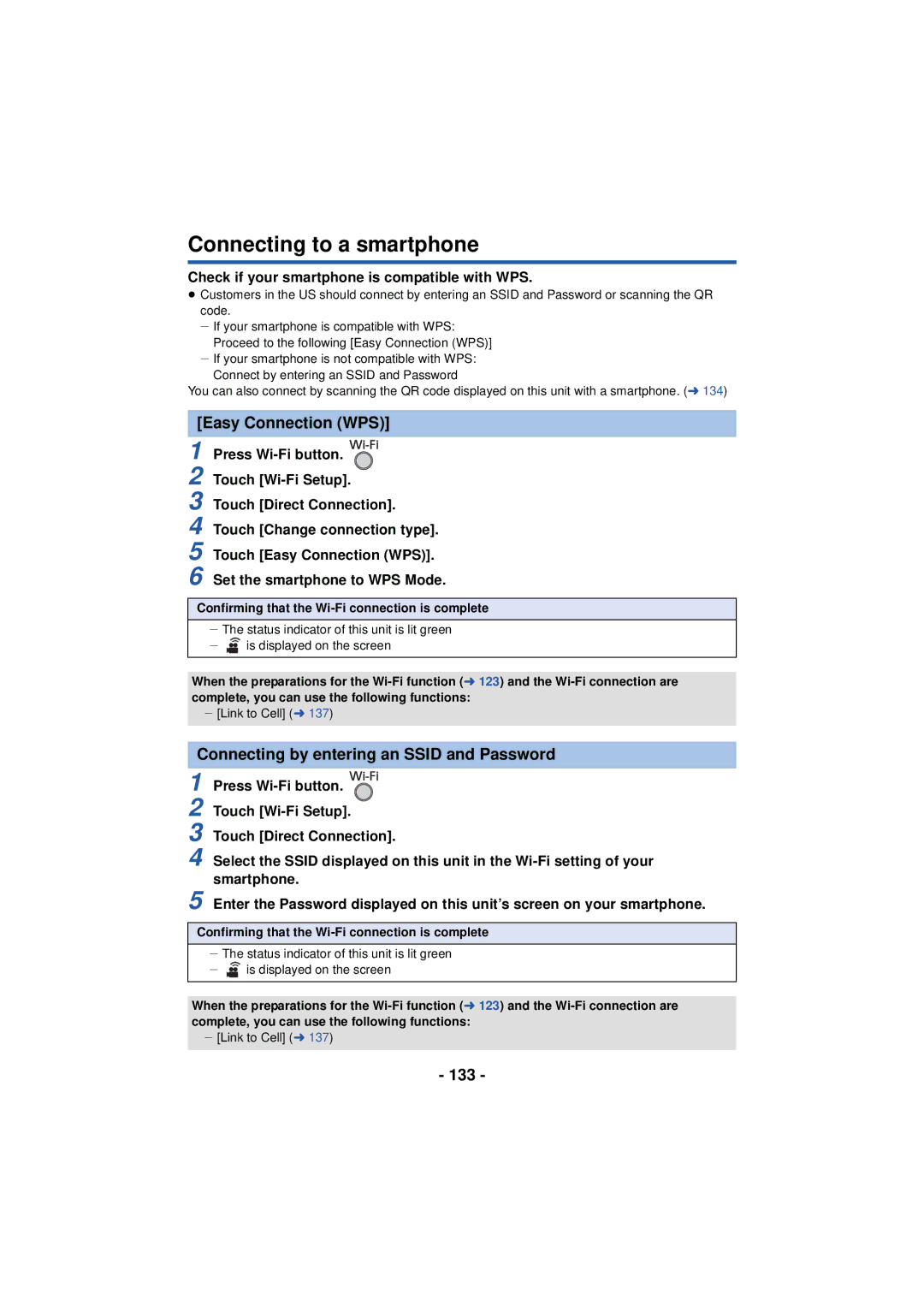 Panasonic HC-V720 Connecting to a smartphone, Easy Connection WPS, Connecting by entering an Ssid and Password, 133 