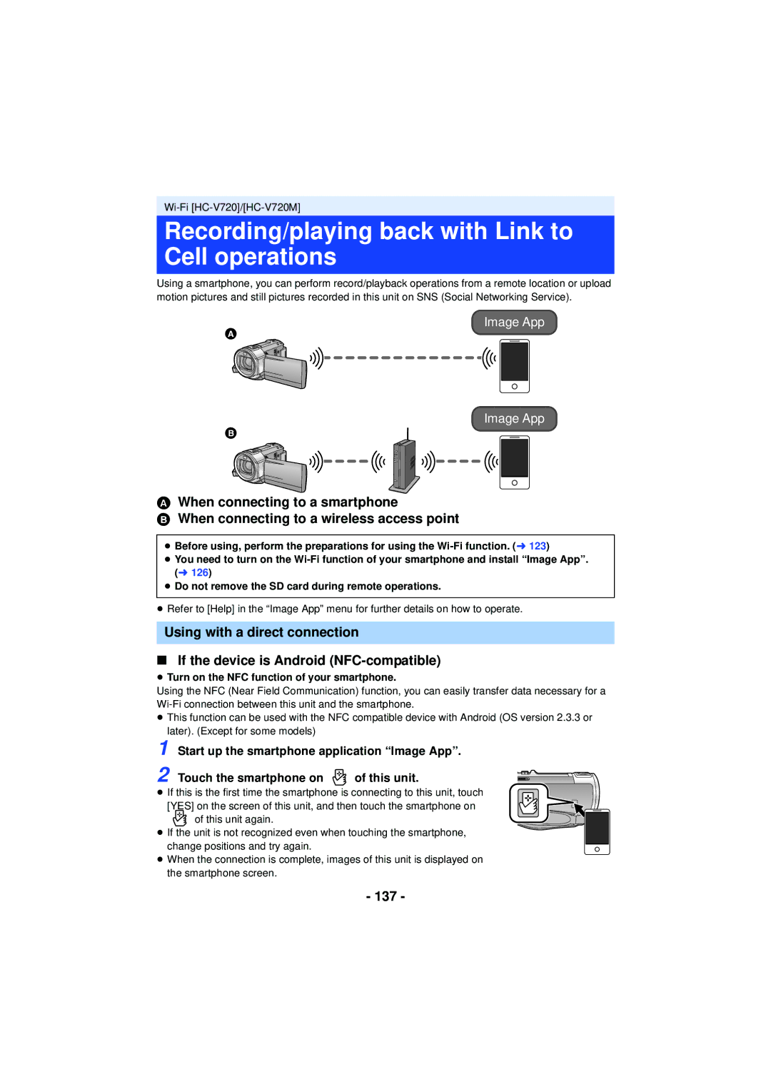 Panasonic HC-V720 Recording/playing back with Link to Cell operations, 137, ≥ Turn on the NFC function of your smartphone 