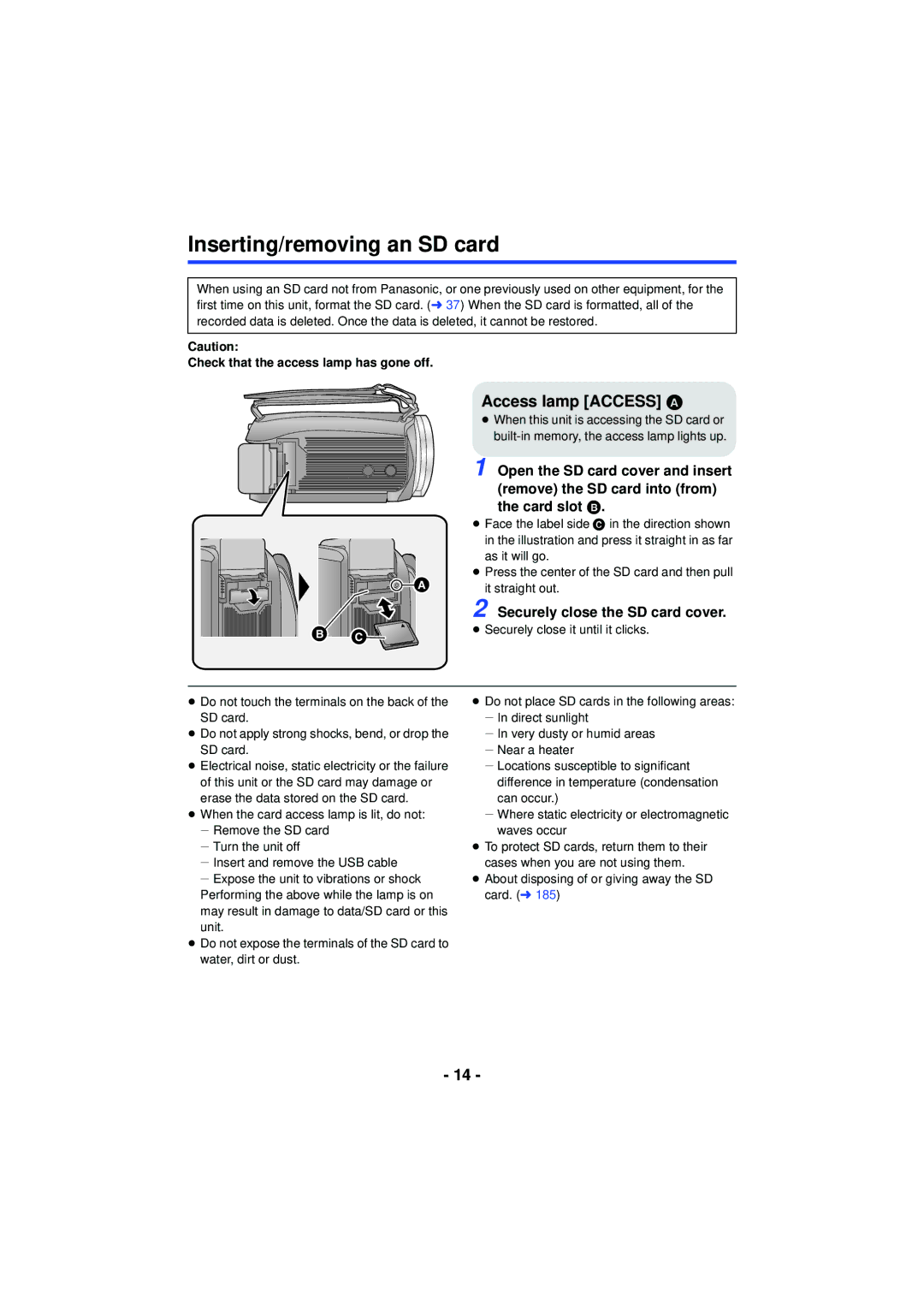 Panasonic HC-V720 Inserting/removing an SD card, Access lamp Access a, Card slot B, Securely close the SD card cover 