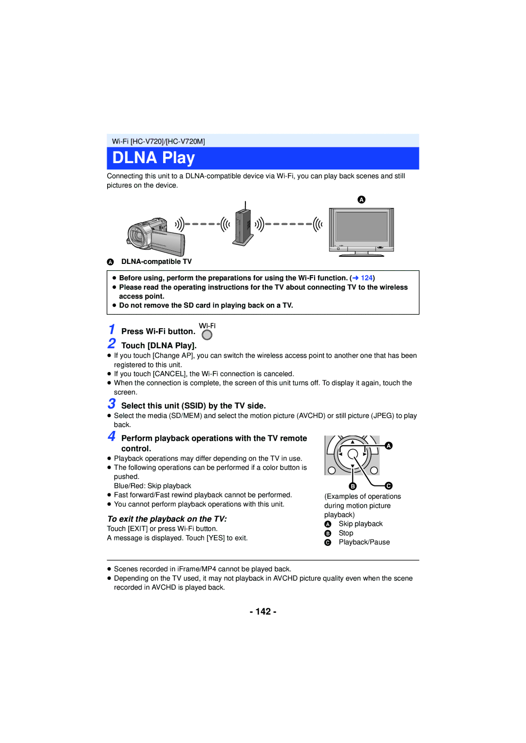 Panasonic HC-V720 owner manual Dlna Play, 142, To exit the playback on the TV 