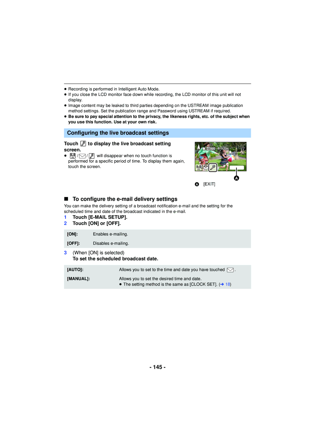 Panasonic HC-V720 owner manual Configuring the live broadcast settings, To configure the e-mail delivery settings, 145 