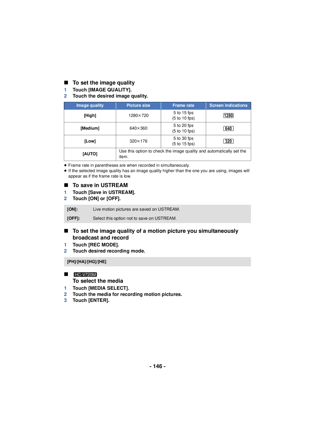 Panasonic HC-V720 owner manual To set the image quality, To save in Ustream, To select the media, 146 