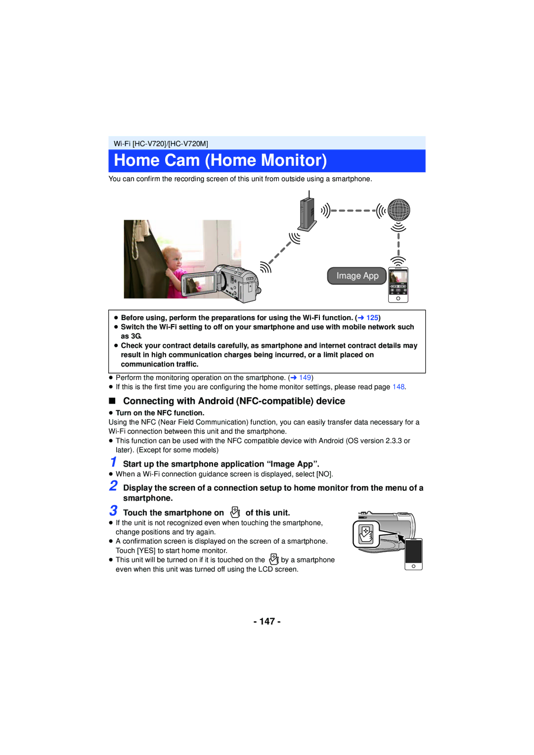 Panasonic HC-V720 owner manual Home Cam Home Monitor, Connecting with Android NFC-compatible device, 147 