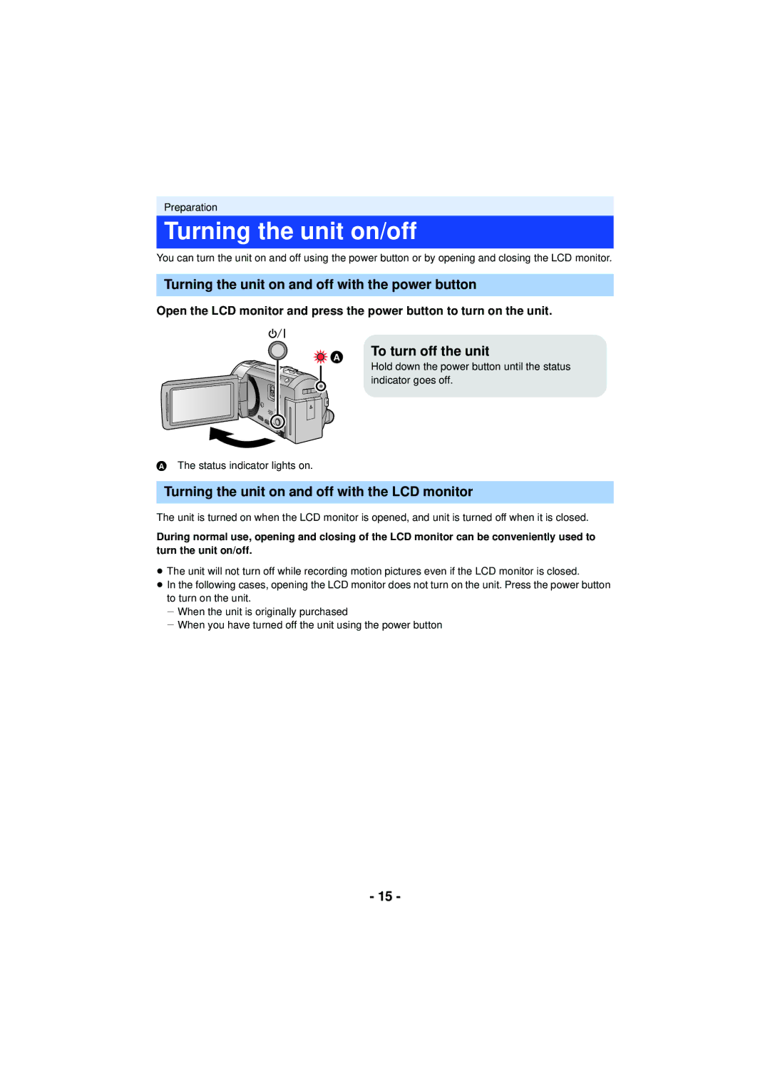 Panasonic HC-V720 Turning the unit on/off, Turning the unit on and off with the power button, To turn off the unit 