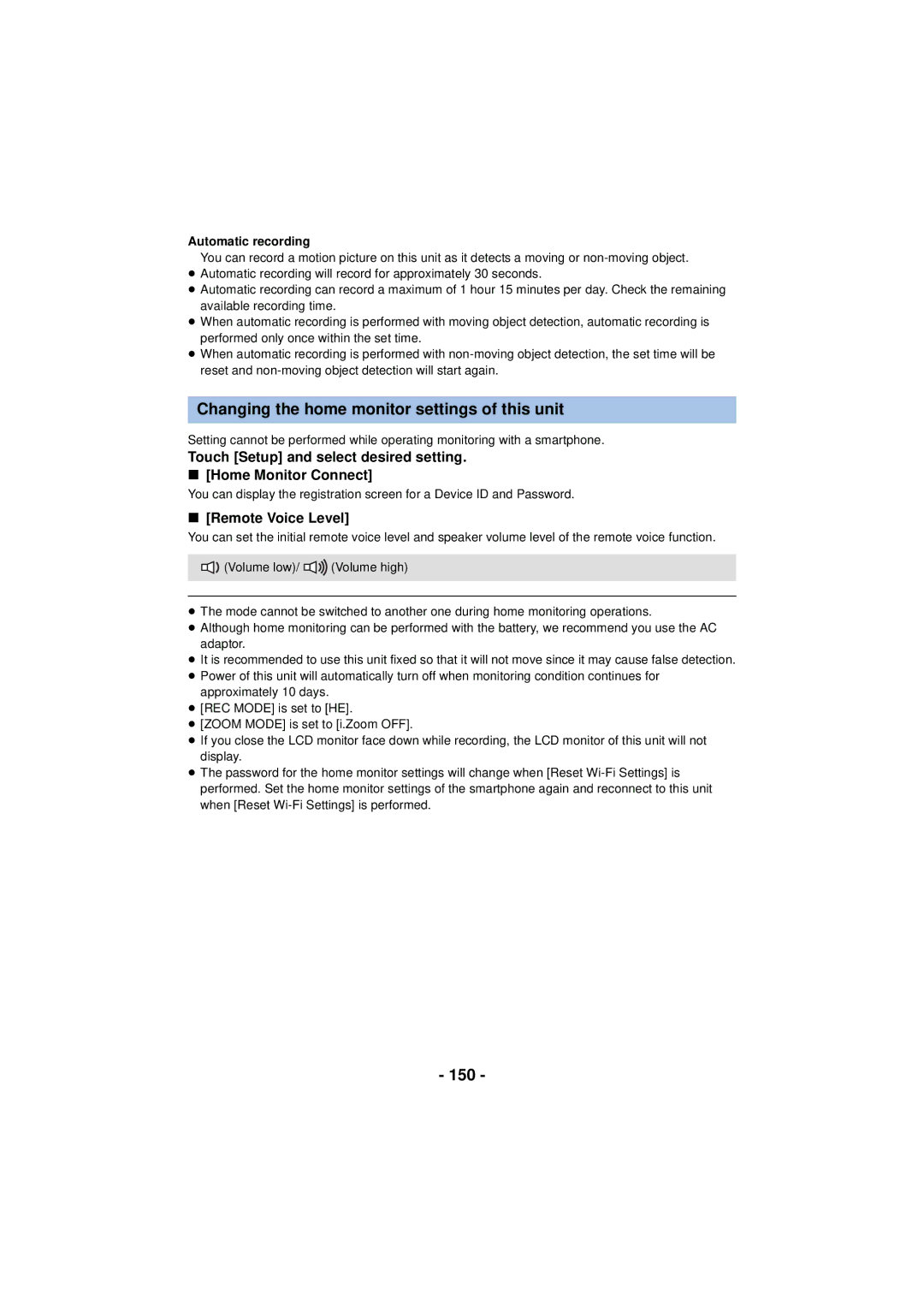 Panasonic HC-V720 Changing the home monitor settings of this unit, 150, Remote Voice Level, Automatic recording 