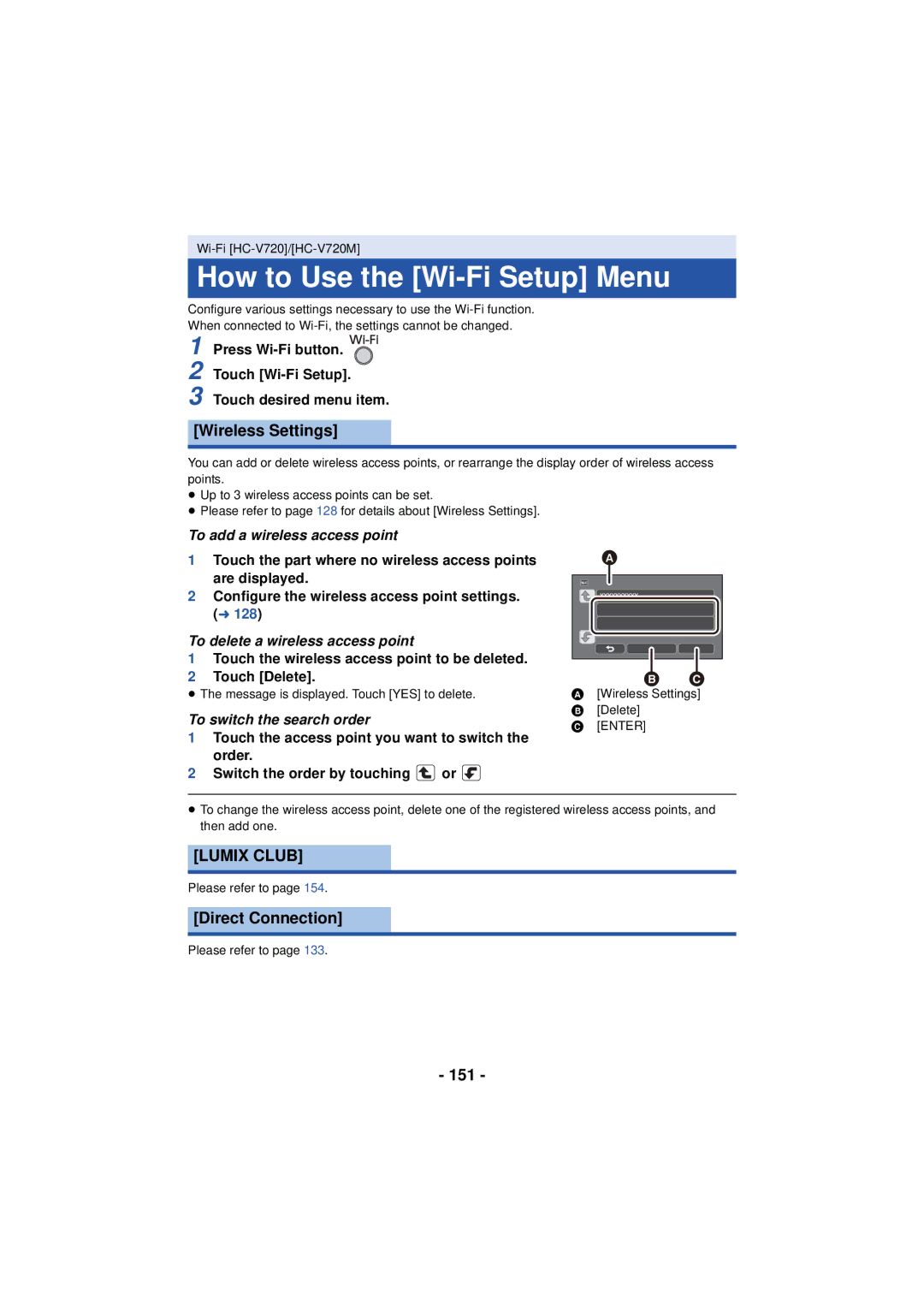 Panasonic HC-V720 owner manual How to Use the Wi-Fi Setup Menu, Wireless Settings, Lumix Club, Direct Connection, 151 