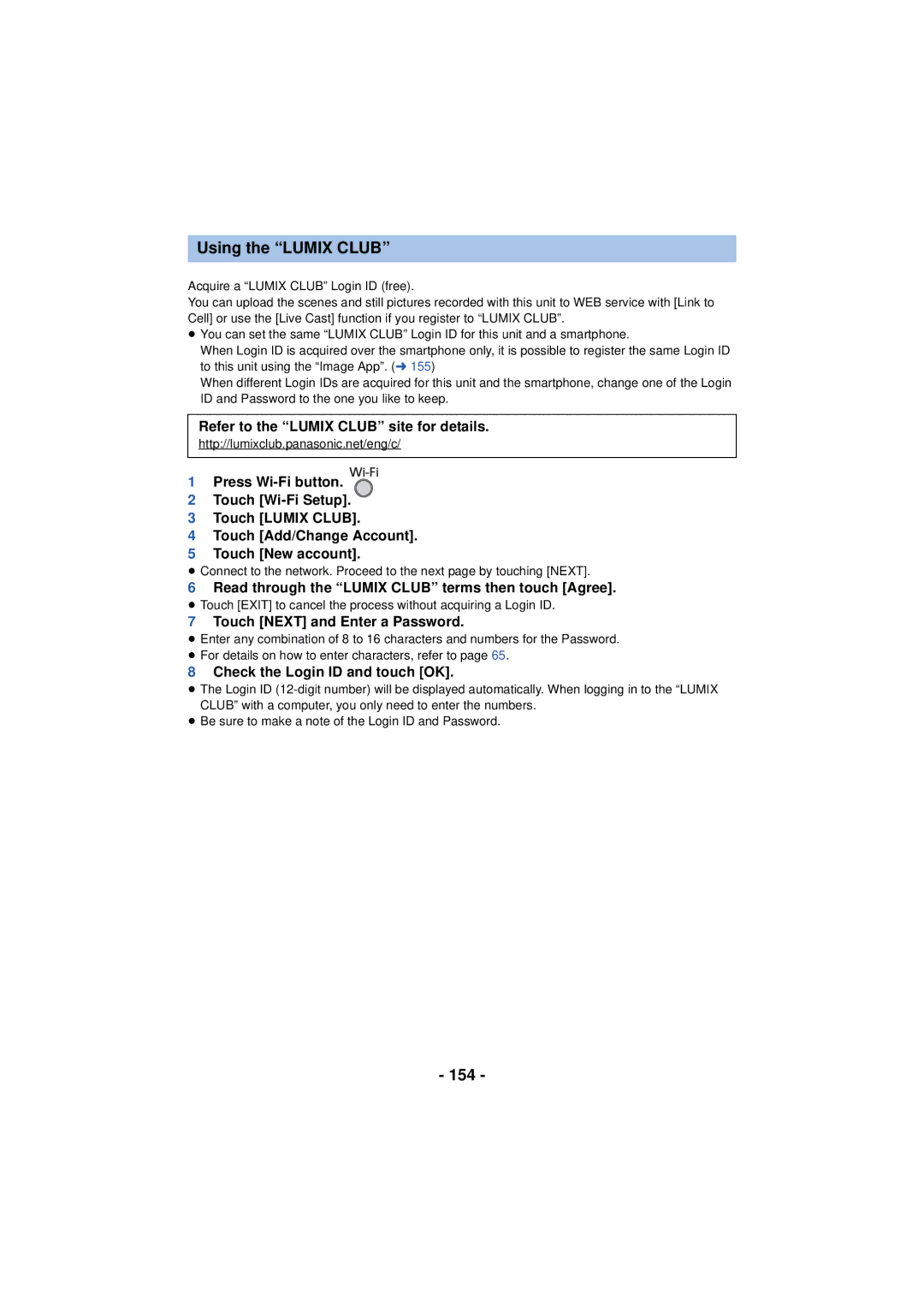 Panasonic HC-V720 owner manual Using the Lumix Club, 154 