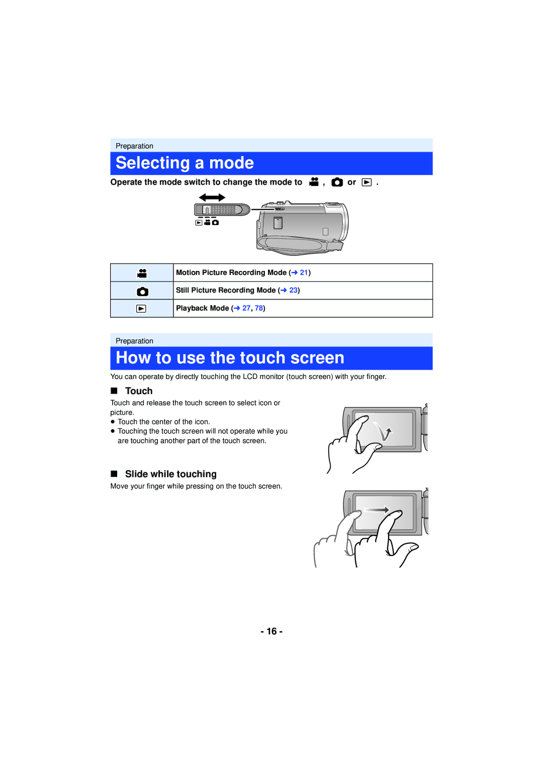 Panasonic HC-V720 owner manual Selecting a mode, How to use the touch screen, Touch, Slide while touching 