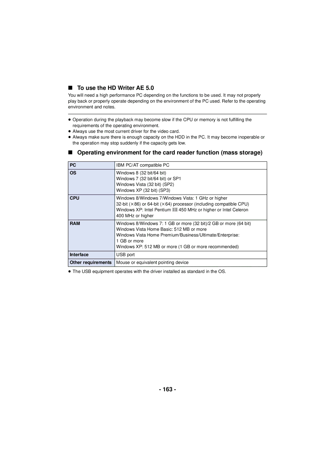 Panasonic HC-V720 owner manual To use the HD Writer AE, 163 