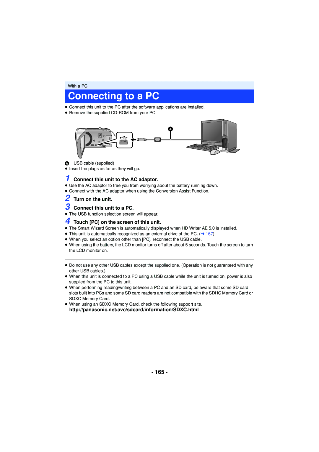 Panasonic HC-V720 owner manual Connecting to a PC, 165, Connect this unit to the AC adaptor, Turn on the unit 