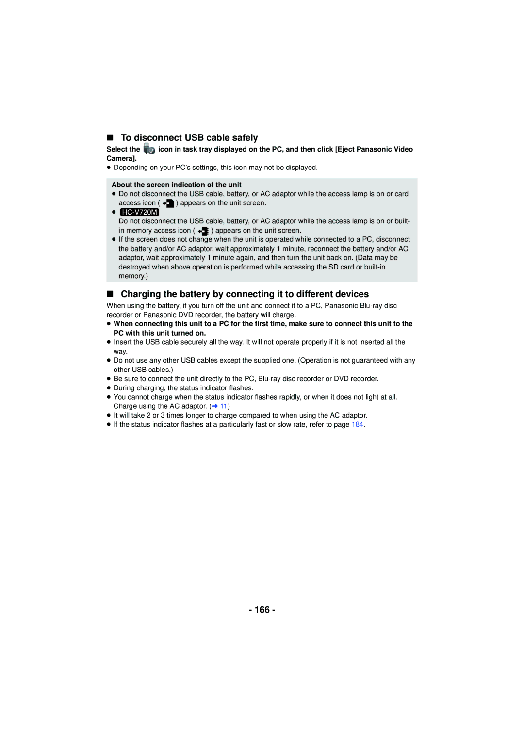 Panasonic HC-V720 To disconnect USB cable safely, Charging the battery by connecting it to different devices, 166 