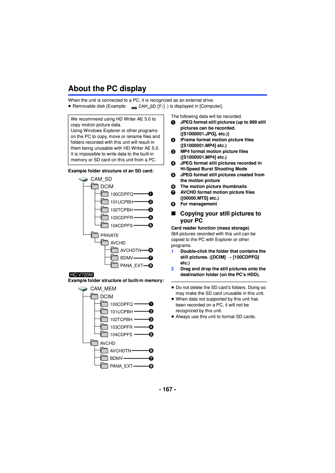 Panasonic HC-V720 owner manual About the PC display, Copying your still pictures to Your PC, 167 