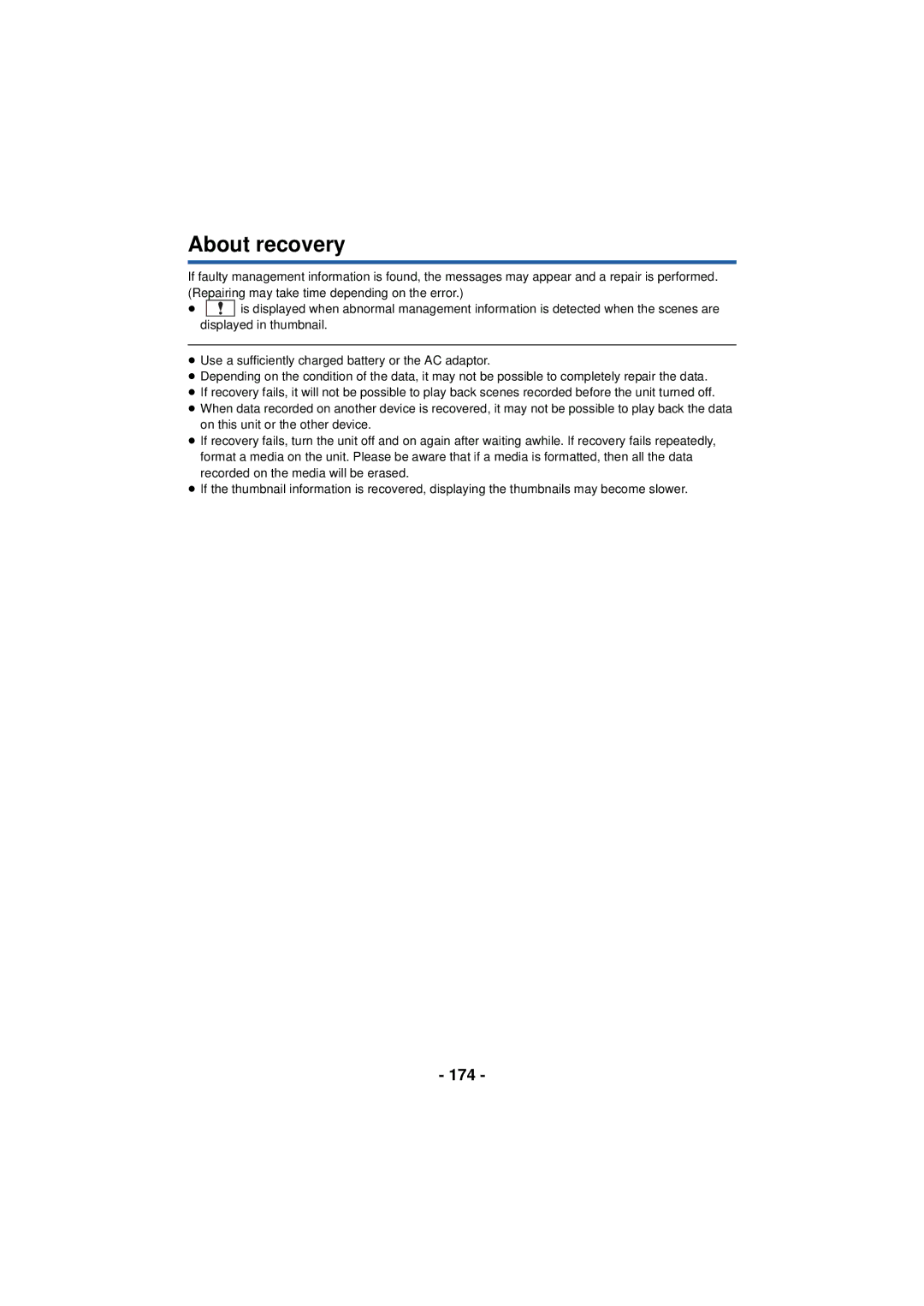 Panasonic HC-V720 owner manual About recovery, 174 