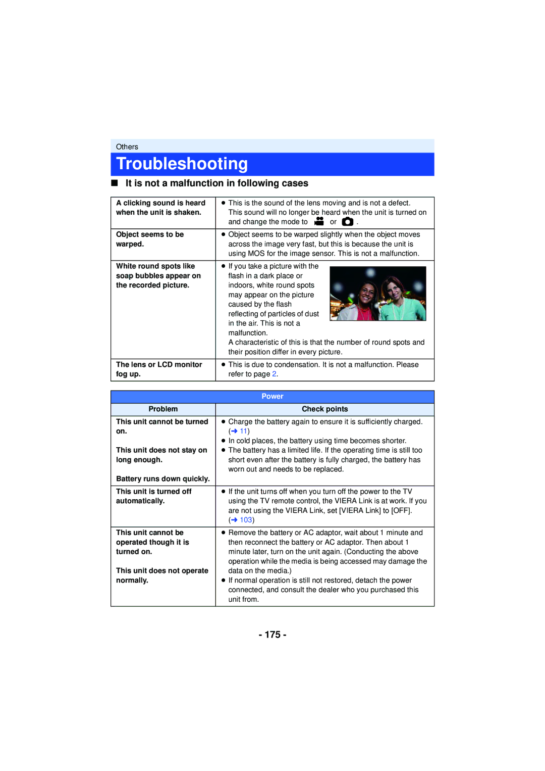 Panasonic HC-V720 owner manual Troubleshooting, It is not a malfunction in following cases, 175, Power 