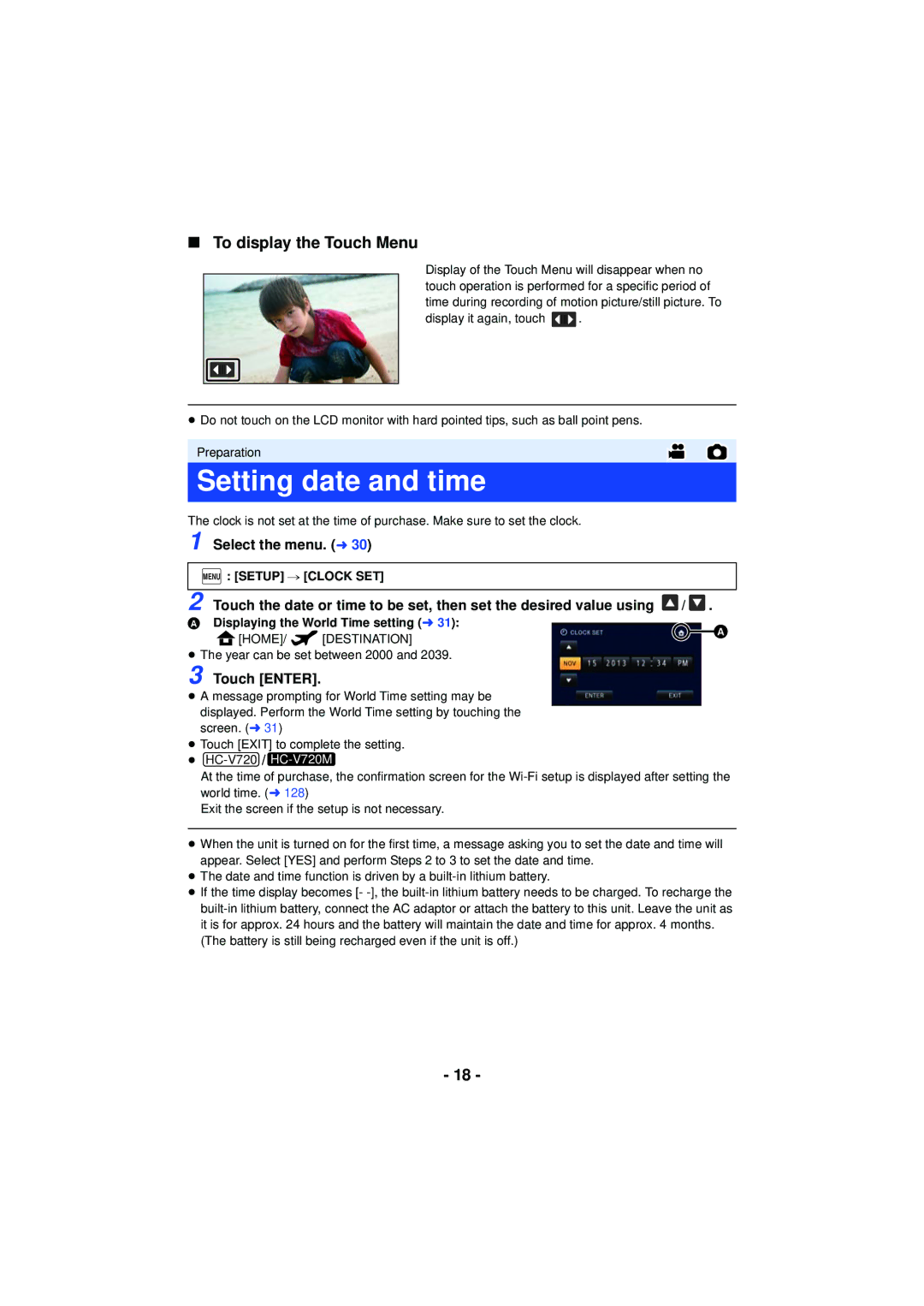 Panasonic HC-V720 owner manual Setting date and time, To display the Touch Menu, Select the menu. l, Touch Enter 