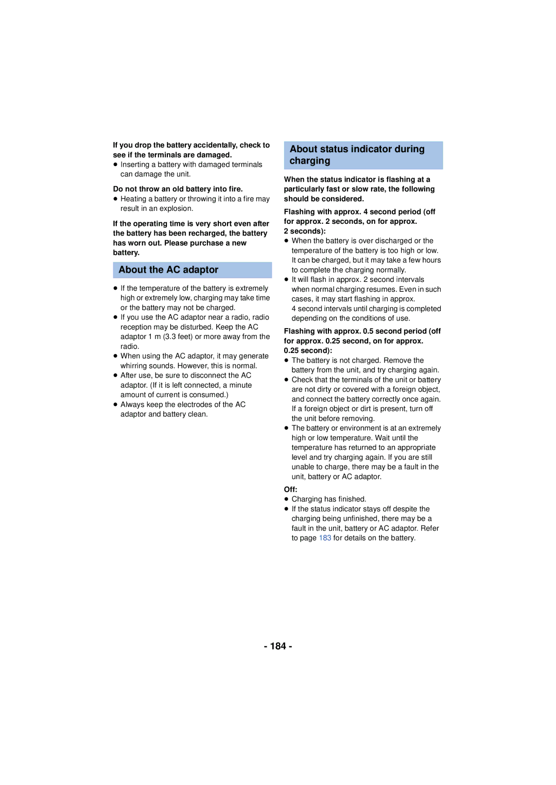 Panasonic HC-V720 About the AC adaptor, About status indicator during charging, 184, Do not throw an old battery into fire 