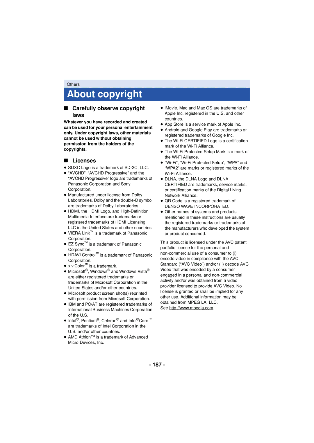 Panasonic HC-V720 owner manual About copyright, Carefully observe copyright Laws, Licenses, 187 