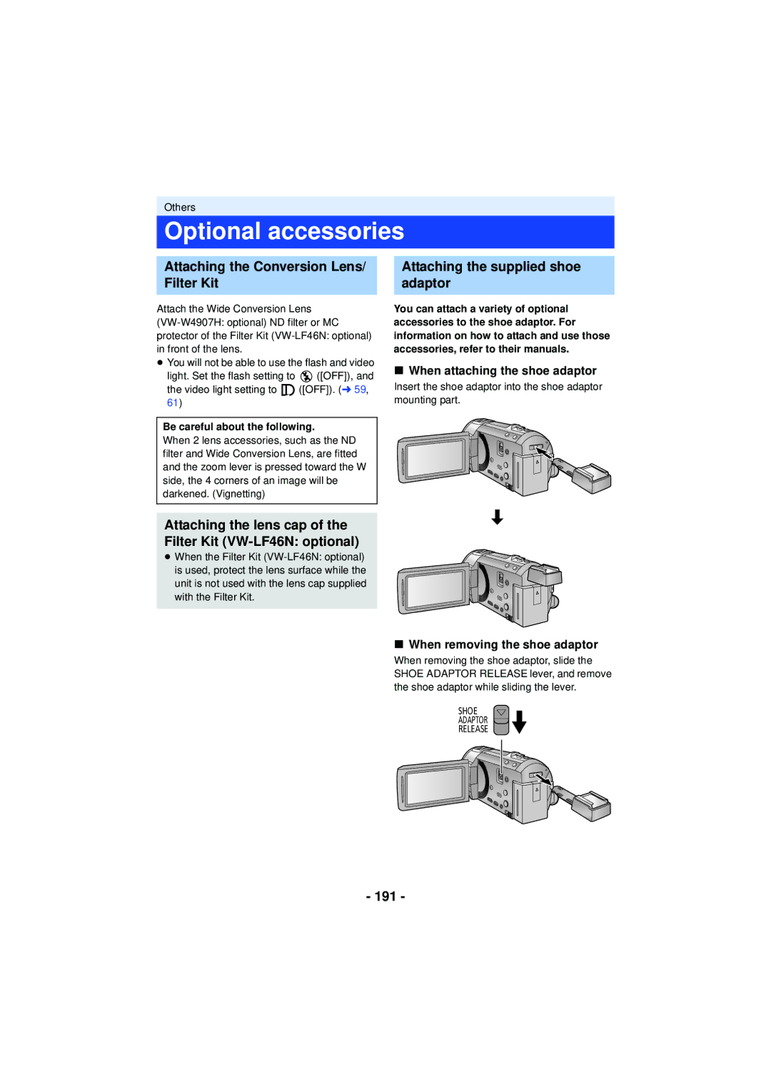 Panasonic HC-V720 Optional accessories, Attaching the Conversion Lens/ Filter Kit, Attaching the supplied shoe adaptor 