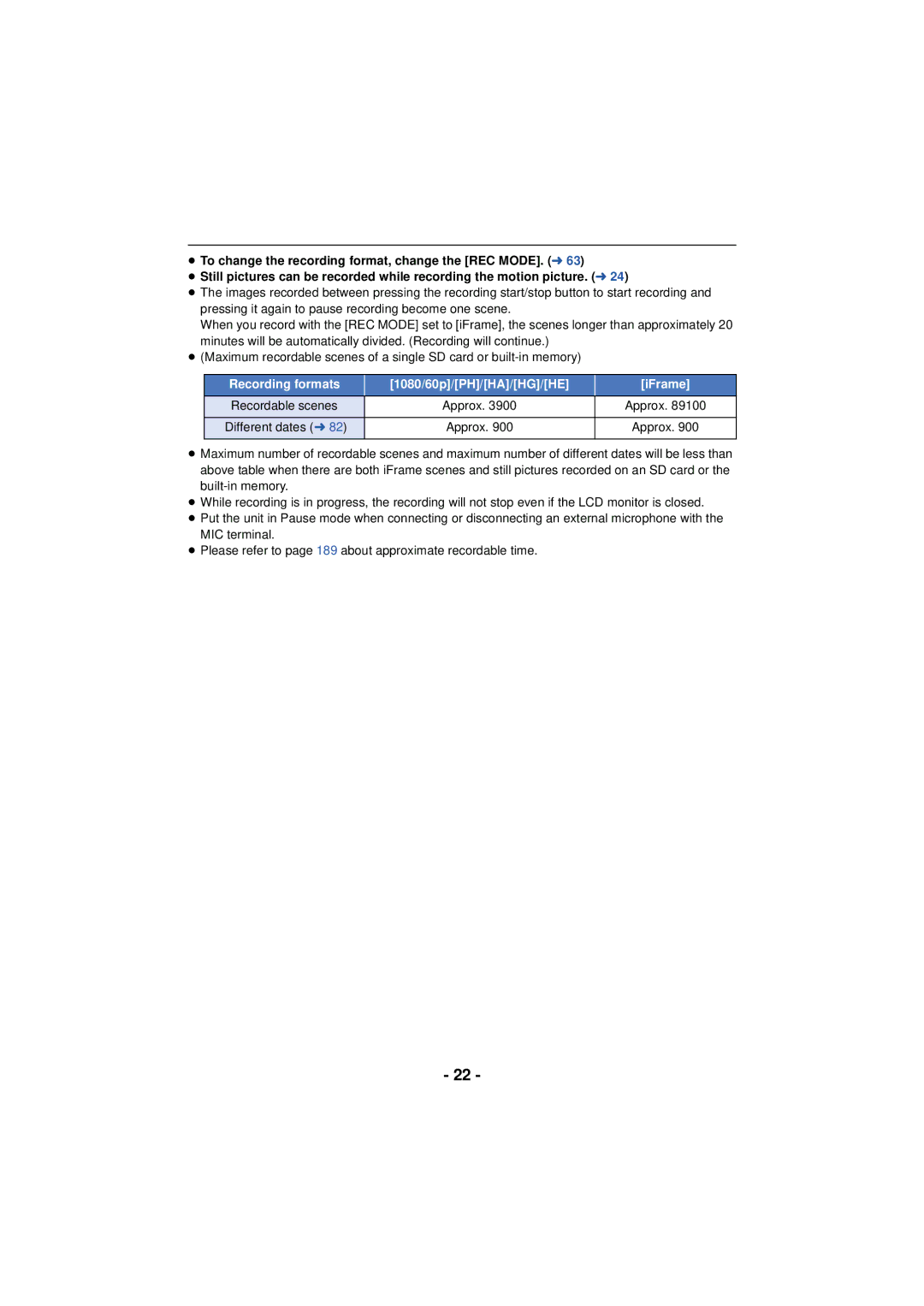 Panasonic HC-V720 owner manual Recording formats 1080/60p/PH/HA/HG/HE IFrame 