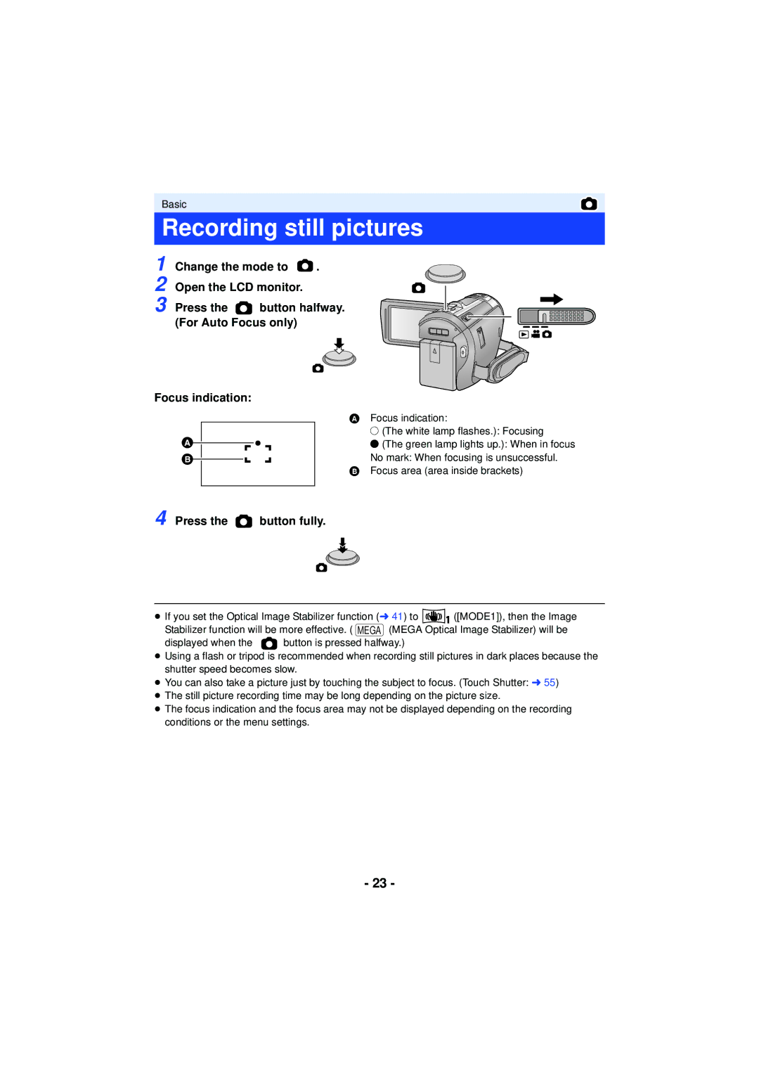 Panasonic HC-V720 owner manual Recording still pictures, Focus indication, Press the button fully 