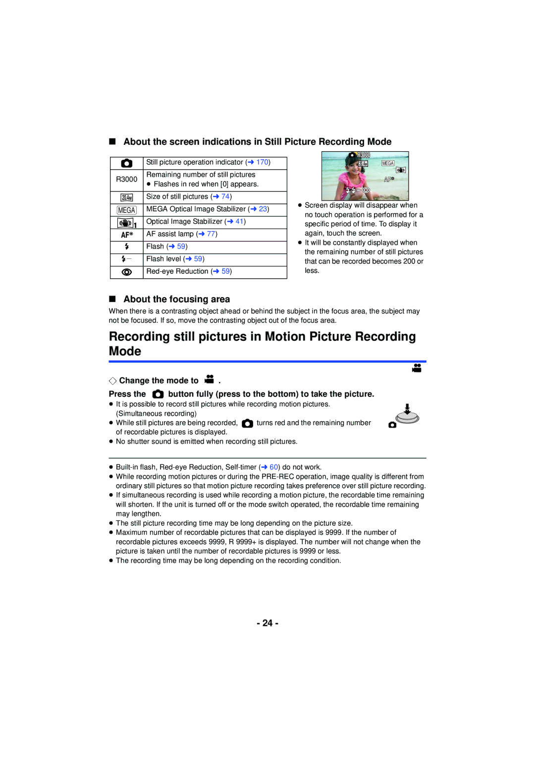 Panasonic HC-V720 owner manual Recording still pictures in Motion Picture Recording Mode, About the focusing area, 20.4 