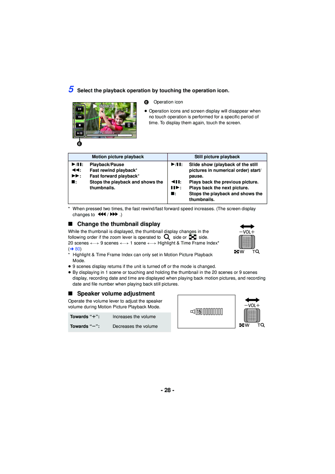 Panasonic HC-V720 owner manual Change the thumbnail display, Speaker volume adjustment, 0h01m30s 