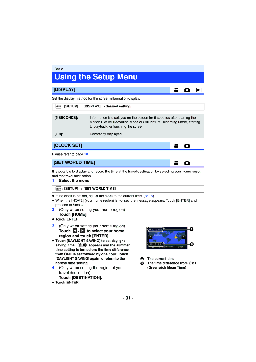 Panasonic HC-V720 owner manual Using the Setup Menu, Display, Clock SET, SET World Time 