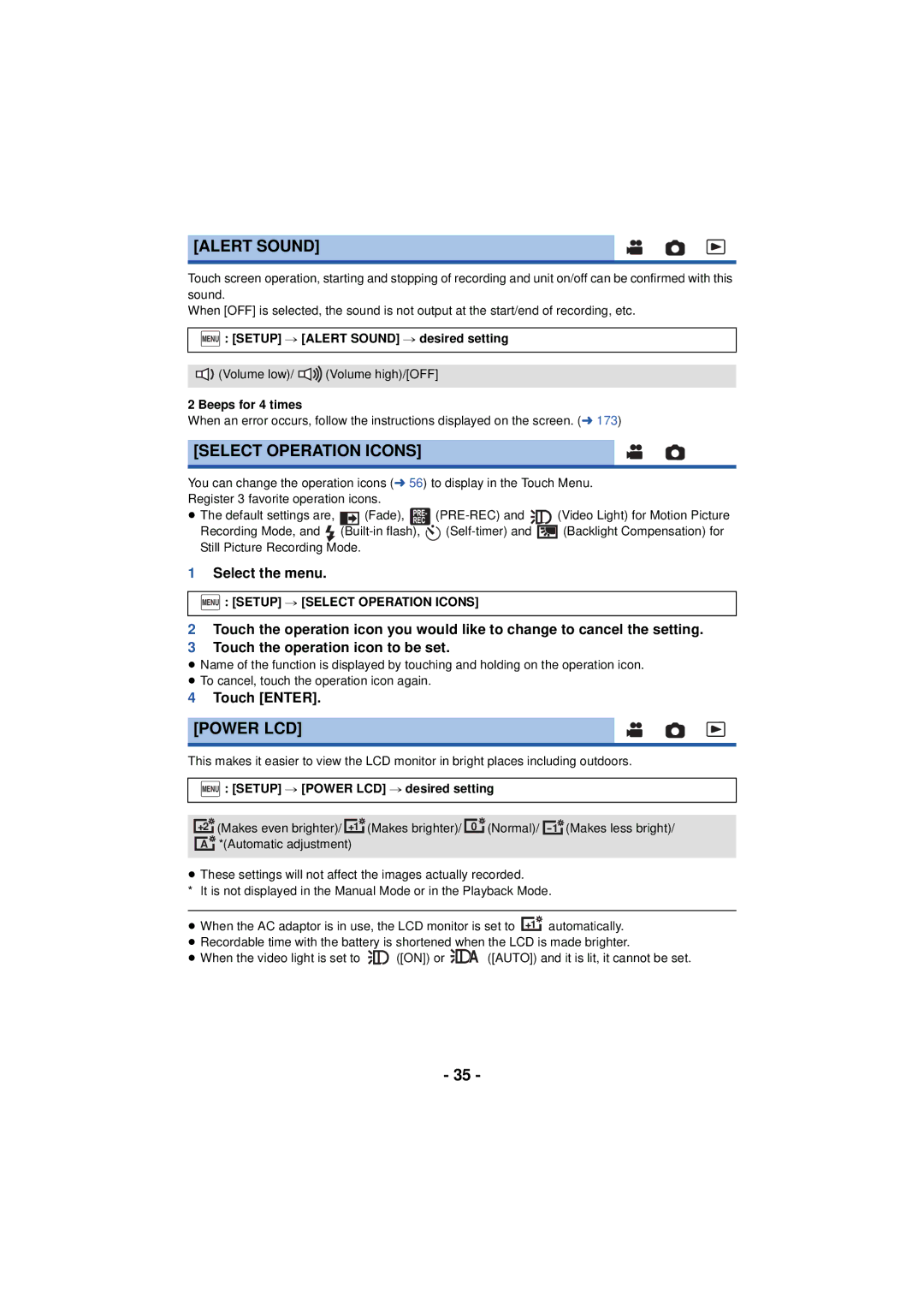 Panasonic HC-V720 owner manual Alert Sound, Power LCD, Menu Setup # Select Operation Icons 