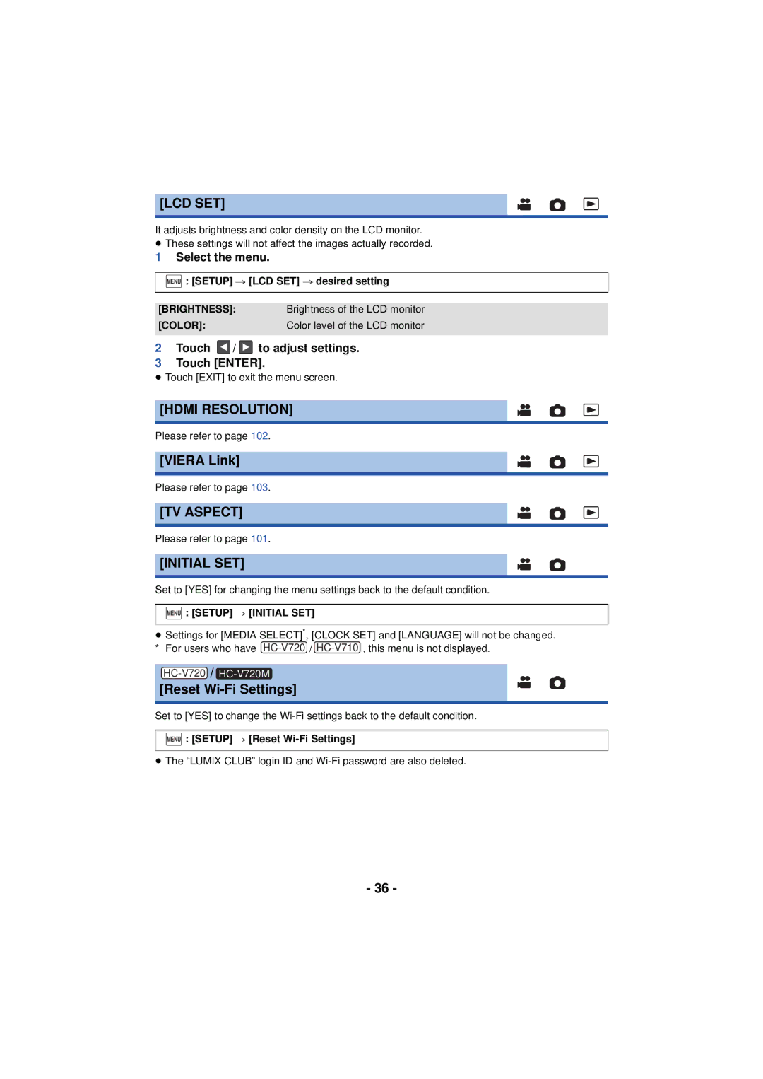 Panasonic HC-V720 owner manual Lcd Set, Hdmi Resolution, TV Aspect, Initial SET 