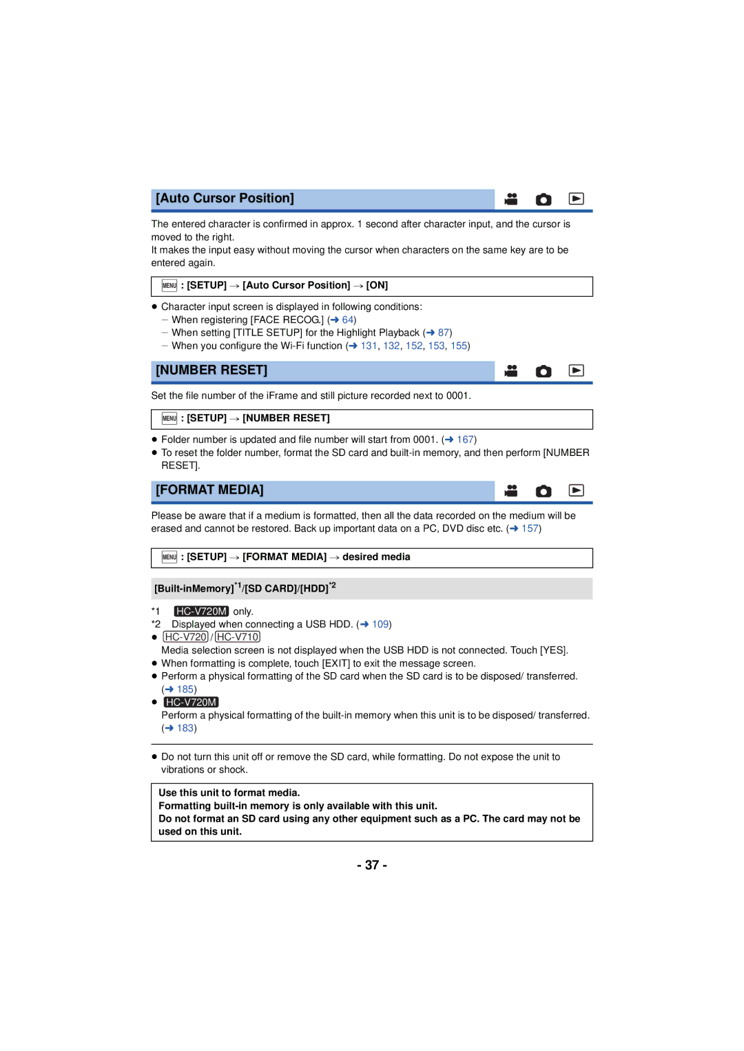 Panasonic HC-V720 owner manual Format Media, Menu Setup # Auto Cursor Position # on, Menu Setup # Number Reset 